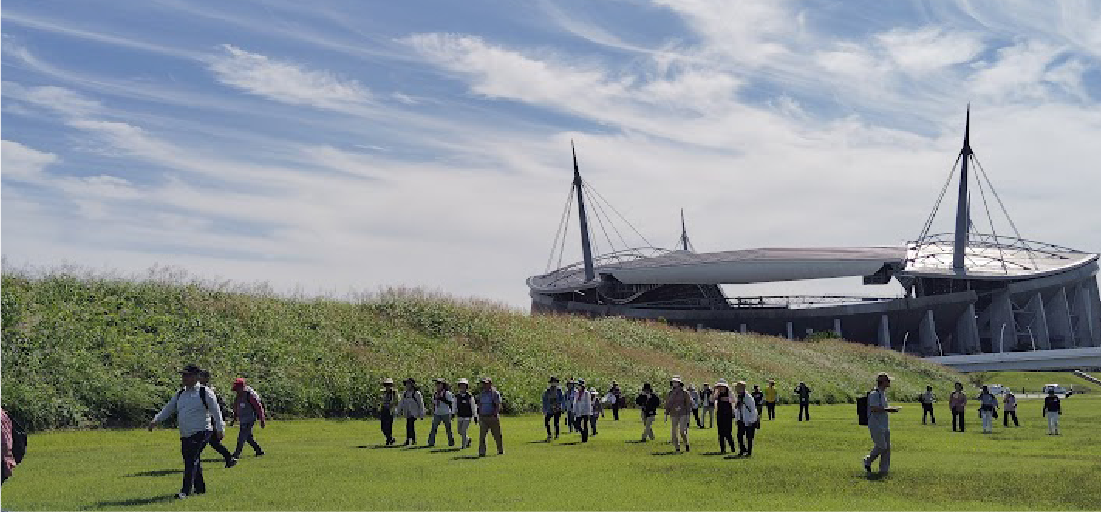 緑の芝生でグループ活動をする参加者たちの様子